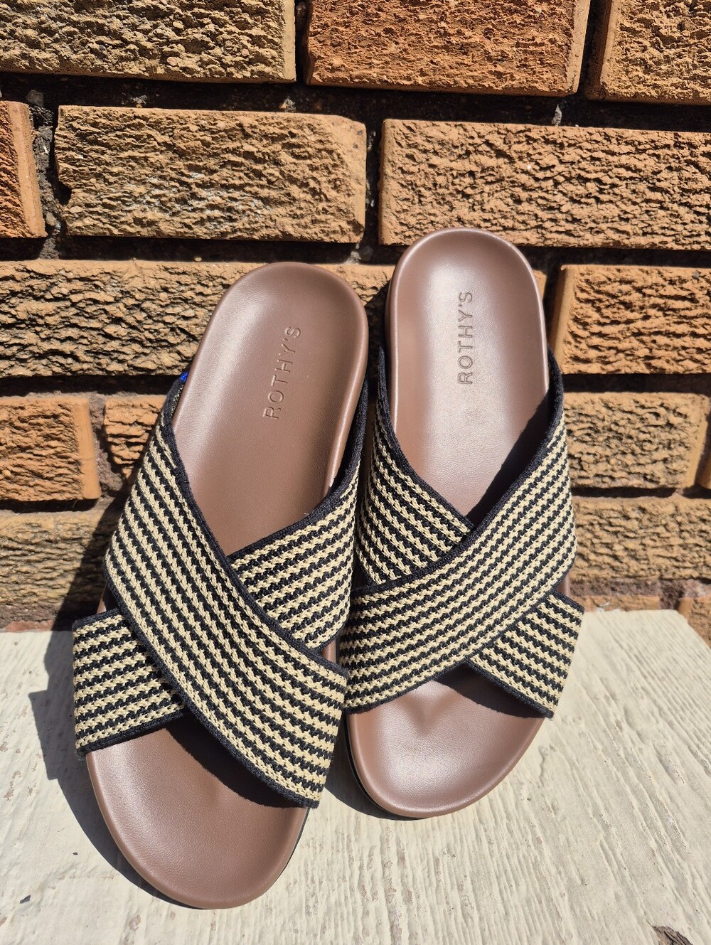 "NWOT" Rothys The Weekend Slide Toffee Stripe Black Tan Comfort Sandals Size 9